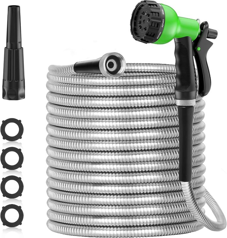 Photo 1 of SPECILITE 50ft 304 Stainless Steel Garden Hose Metal, Heavy Duty Water Hoses with 2 Nozzles for Yard, Outdoor - Flexible, Never Kink & Tangle, Puncture Resistant
