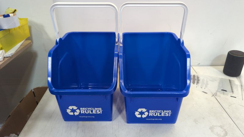 Photo 2 of Recycling Rules! 6 Gallon Stackable Recycling Bin Container in Blue, Eco-Friendly BPA-Free Handy Recycler with Handle, 2-Pack
