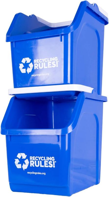 Photo 1 of Recycling Rules! 6 Gallon Stackable Recycling Bin Container in Blue, Eco-Friendly BPA-Free Handy Recycler with Handle, 2-Pack
