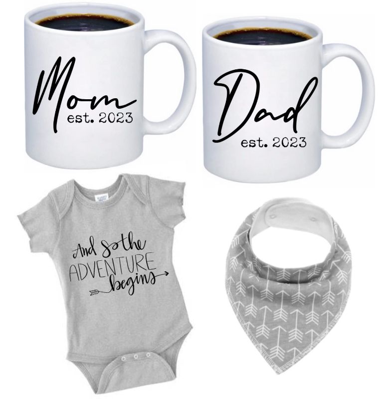 Photo 1 of Pregnancy Gift Est 2023-New Parents Gifts-Mommy and Daddy Est 2023 11 oz Mug Set -"And So The Adventure Begins" Romper (0-3M)-Top Mom and Dad Gift Set for New and Expecting Parents to Be-Gender Reveal
