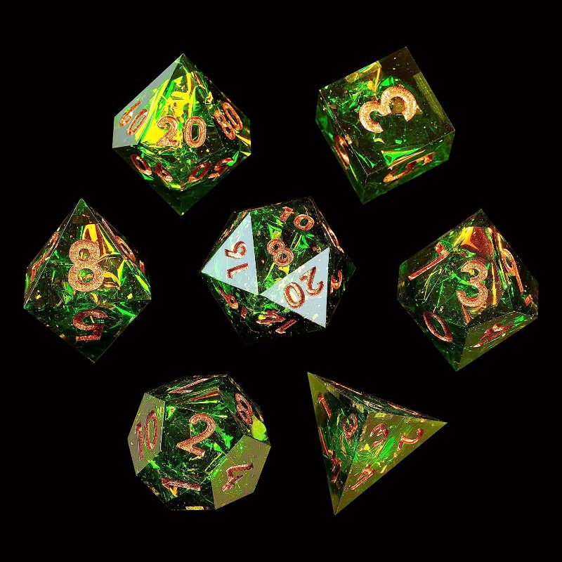 Photo 1 of Mini Planet DND Dice with Sharp Edges and Galaxy Inclusions for Tabletop Role Playing Game Dungeons and Dragons Handmade Gemstone Polyhedral Dice Set Handcrafted DND Dice for Collection Galaxy Olive
