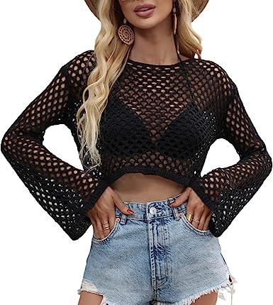 Photo 1 of Women Long Flared Sleeve Cover Up Shirt See-Through Mesh Crop Top Pullover Fishnet T-Shirt Blouse Beachwear
