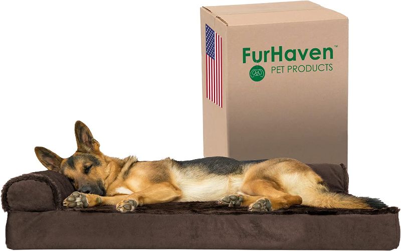 Photo 1 of Furhaven Orthopedic Dog Bed for Large Dogs w/ Removable Bolsters & Washable Cover, For Dogs Up to 95 lbs - Plush & Velvet L Shaped Chaise - Sable Brown, Jumbo/XL
