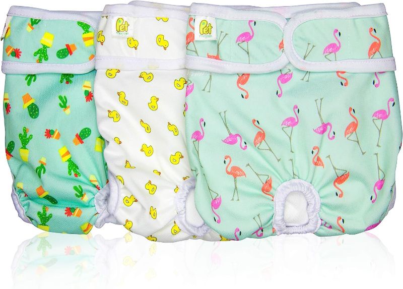 Photo 1 of Pet Magasin Reusable Washable Dog Diapers (Pack of 3), Highly Absorbent with Strong & Flexible Velcro (Trending, Small (11”-16” Waist))
