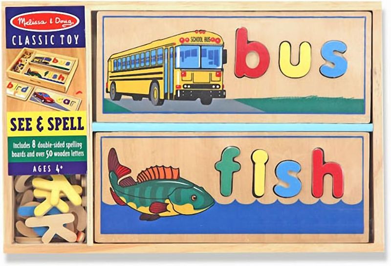 Photo 1 of Melissa & Doug See & Spell Wooden Educational Toy with 8 Double-Sided Spelling Boards and 64 Letters