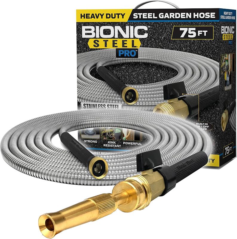 Photo 1 of Bionic Steel PRO Garden Hose - 304 Stainless Steel Metal 75 Foot Garden Hose – Heavy Duty Garden Hose Lightweight, Kink-Free, Stronger Than Ever with Brass Fittings and On/Off Valve – 2021 Model 75' Hose