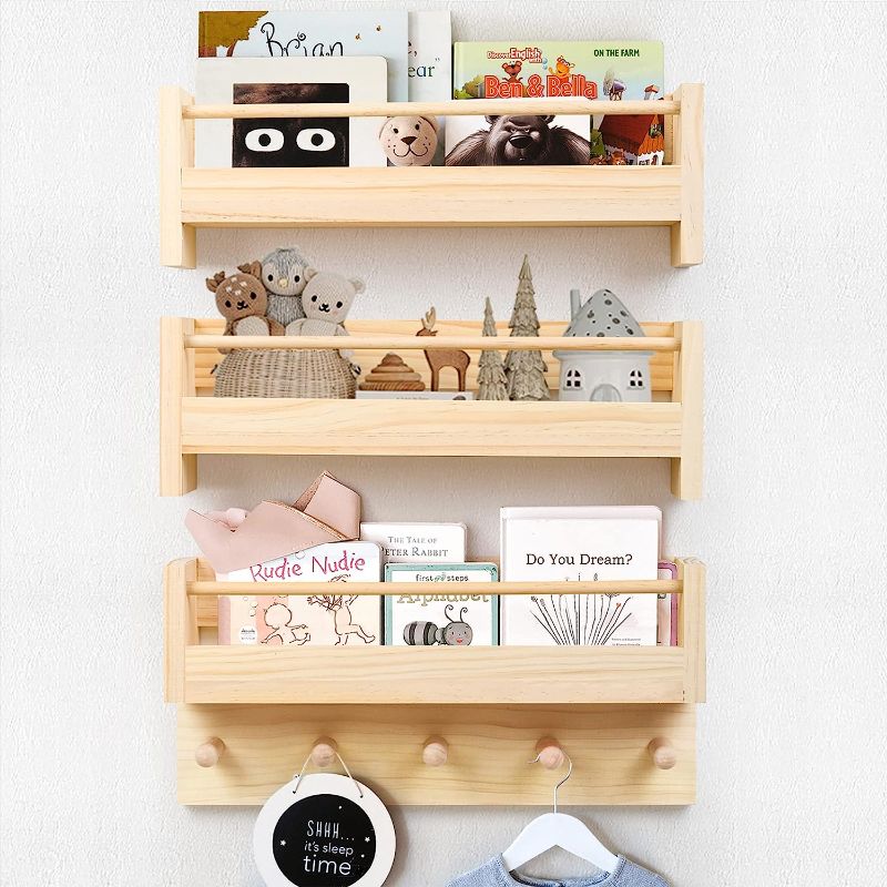 Photo 1 of COMAX Small Book Shelf Organizer for Kids, Floating Bookshelf for Toddler Baby Room Bedroom, Set of 3 Wall Bookshelf Nursery Book Shelves Holder, Hanging Book Shelf for Wall Mounted Decor, Wood
