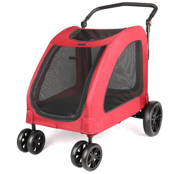 Photo 1 of Pet Dog Stroller for Medium Large Dogs - Wedyvko Foldable Jogger 4 Wheels Pet Stroller with Adjustable Handle for Small to Large Dogs and Other Pet Travel (Red)
