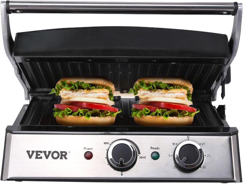 Photo 1 of VEVOR Electric Contact Grills, 1500W Indoor Countertop Panini Press Griddle, Sandwich Maker with Non Stick,2 Reversible Iron Cooking Plates,0-446? Adjustable Temperature Control,Timer Function,120V
