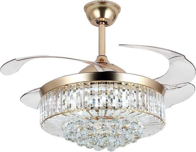 Photo 1 of Panghuhu88 42"Invisible Ceiling Fan Chandelier Light,Modern Crystal Ceiling Fan Light Remote Control 4 Retractable ABS Blades for Bedroom Living Room Dining Room Decoration (E)
