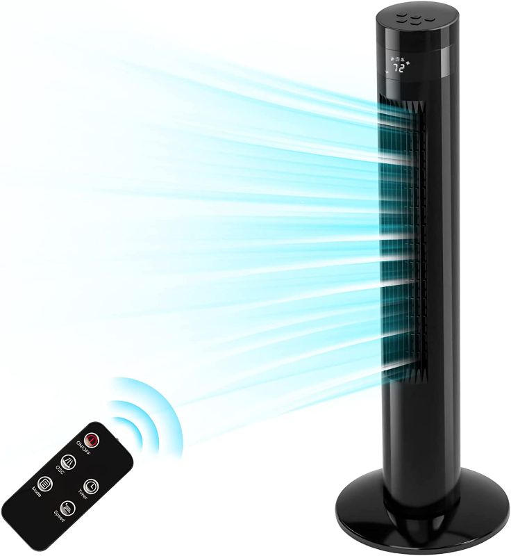 Photo 1 of Antarctic Star Tower Fan Portable Electric Oscillating Fan Quiet Cooling Remote Control Standing Bladeless Floor Fans 3 Speeds Wind Modes Timer Bedroom Office (36 inch, Black)
