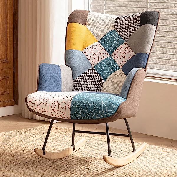Photo 1 of BELLEZE Colorful Patchwork Rocking Chair, Widen Nursery Rocking Chairs Comfy Linen Upholstered Glider Rocker with Solid Wood Legs for Living Room Bedroom Nursery - Paramount