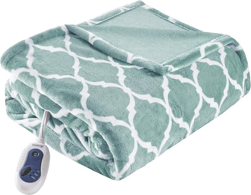 Photo 1 of Beautyrest Ogee Printed Plush Electric Blanket for Cold Weather, Fast Heating, Auto Shut Off, Virtually Zero EMF, Multi Heat Setting, UL Certified, Machine Washable, Aqua Oversized Throw 60x70
