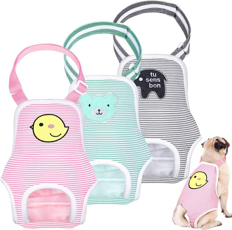 Photo 1 of 3 Pieces Dog Diaper Striped Sanitary Pantie with Adjustable Suspender Washable Reusable Puppy Sanitary Panties Cute Pet Underwear Diaper Jumpsuits for Female Dogs (Animal Pattern,M)
