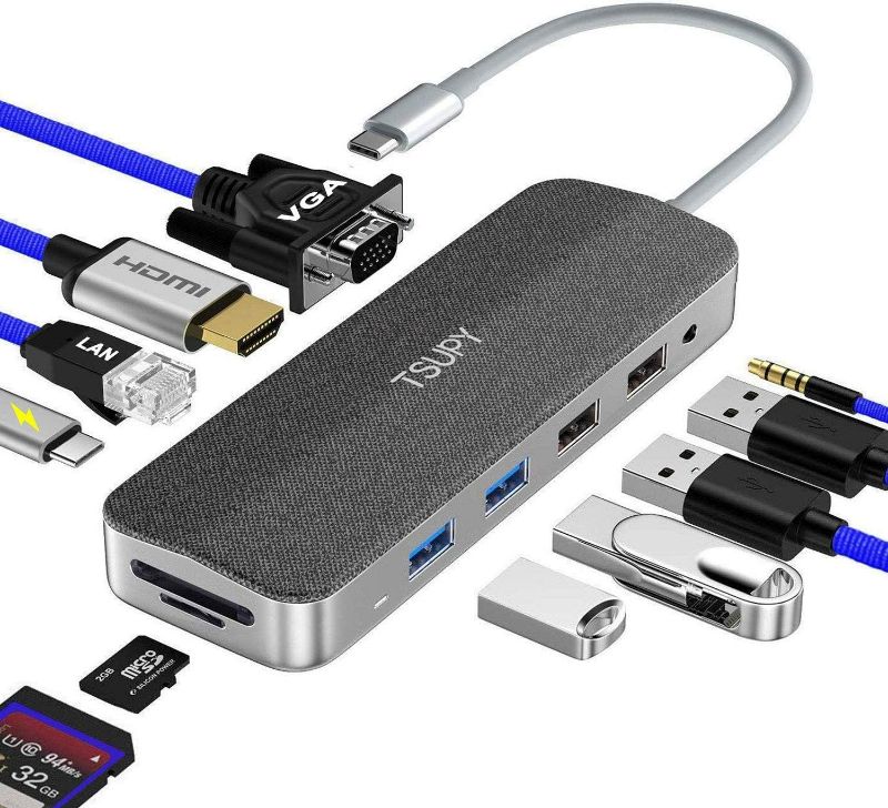 Photo 1 of USB C HUB 11 in 1, TSUPY Type C Adapter Data Hub with Gigabit Ethernet,4K HDMI, 1080P VGA,Charging PD 3.0, Mic/Audio,4 USB & SD/Micro SD Card Reader Thunderbolt 3 Hub for MacBook Pro/Air,and More
