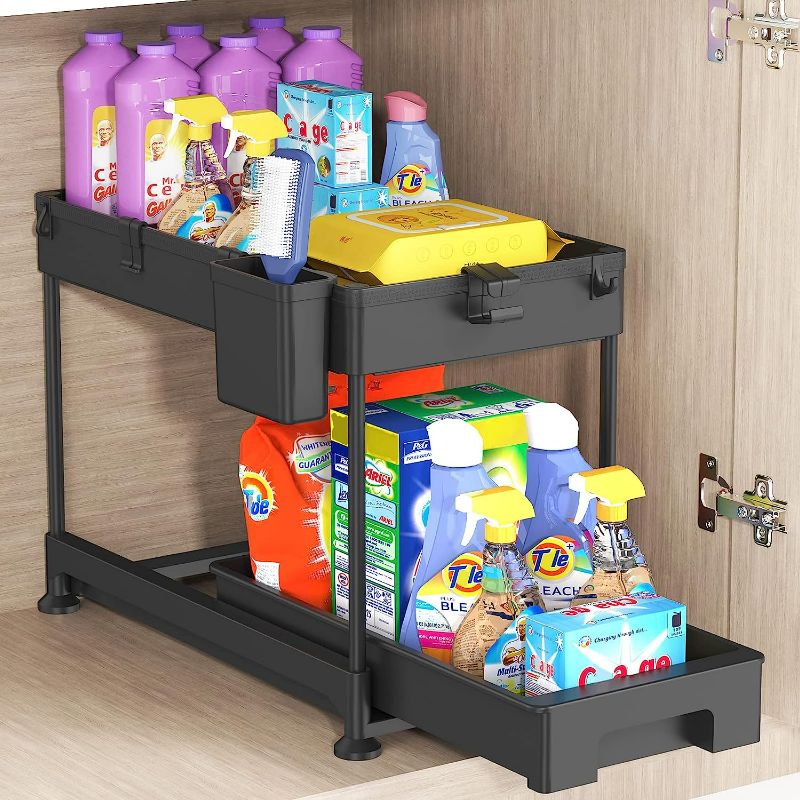 Photo 1 of SPACEKEEPER Under Sink Organizer, Sliding Cabinet Basket Organizer 2 Tier Under Bathroom Storage Rack with Hooks, Hanging Cup, Dividers, Multi-purpose Storage Shelf for Bathroom Kitchen, Black
