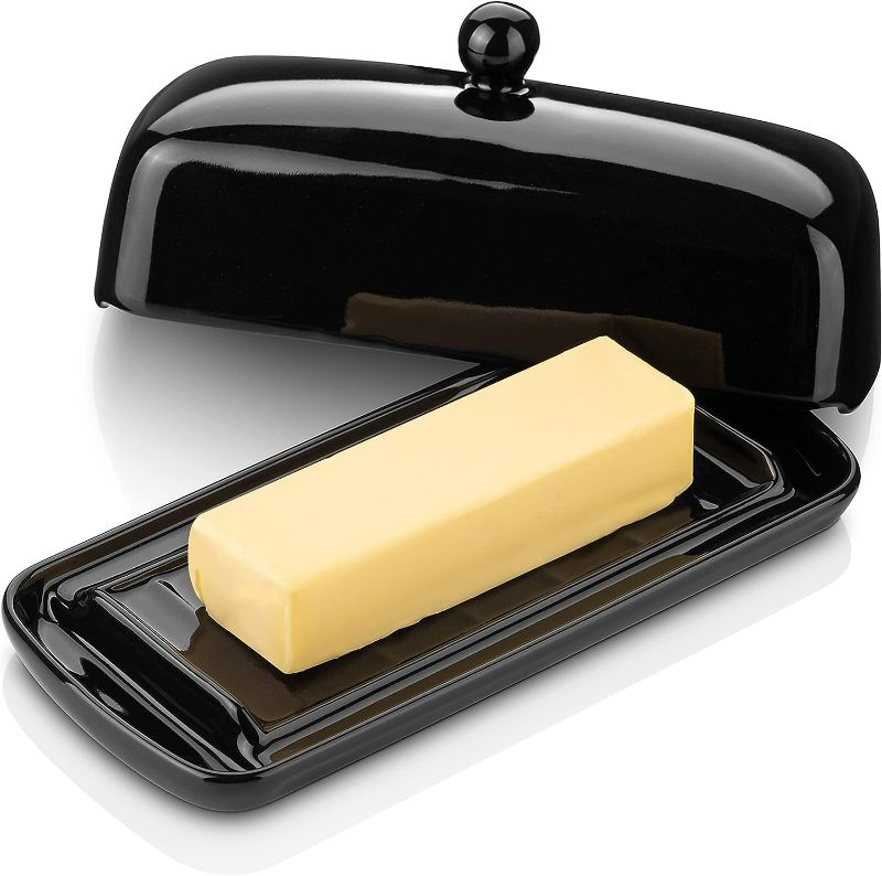 Photo 1 of Nucookery Ceramic Butter Dish with Lid | Raised Legs and Non-Slip Strip Design | Porcelain Health | Dishwasher Safe, Black
