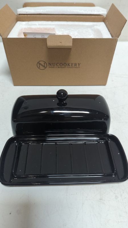 Photo 2 of Nucookery Ceramic Butter Dish with Lid | Raised Legs and Non-Slip Strip Design | Porcelain Health | Dishwasher Safe, Black
