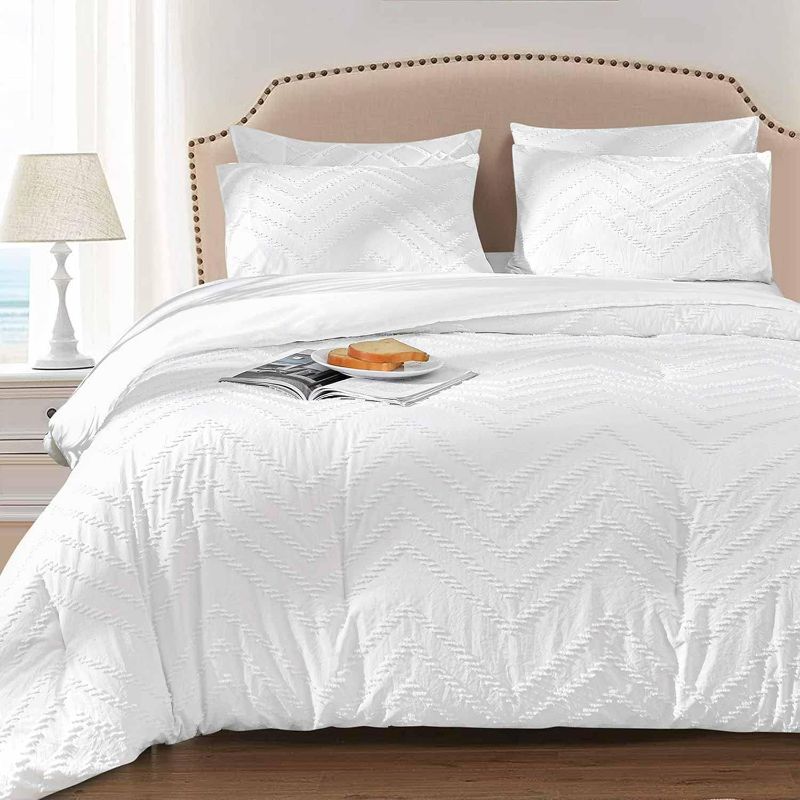 Photo 1 of Nanko 7PC King Comforter Set with Sheets, White Tufted Boho Jacquard Soft Shabby Chic Down Alternative Comforter Microfiber Farmhouse Bedding Sets in a Bag for Women Men, Solid Bohemia Size 104 x90

