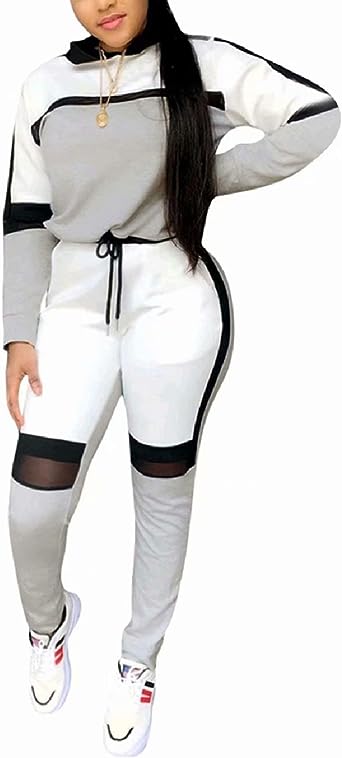 Photo 1 of ThusFar Women's Casual Sweatsuit Two Piece Outfits Patchwork Net Color Block Pocket Hooded Top Pant Set Jogger Tracksuit
