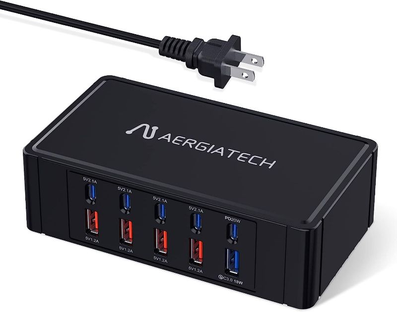 Photo 1 of USB C Charging Station, Aergiatech 100W USB C Charger Charging Hub 10 PowerPort for Multiple Devices with PD3.0 and QC3.0 Fast Charging Power Stock Station for iPhone 13, iPad Air/Pro, Galaxy -Black
