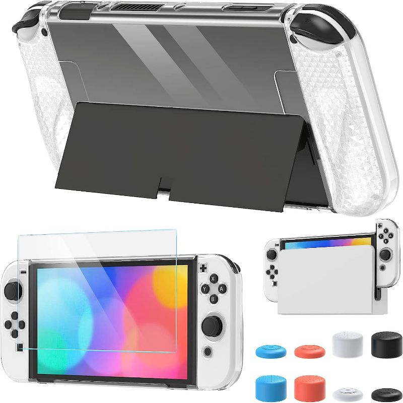 Photo 1 of Dockable Case for Switch OLED, Upgrade 3 in 1 Protective Clear Hard PC Back Cover Case for Switch OLED and TPU Grip Cover Case for Joy Con Controller with Screen Protector and 8 Thumb Grips
