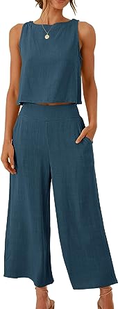 Photo 1 of ANRABESS Women's Summer 2 Piece Outfits Sleeveless Tank Crop Button Back Top Cropped Wide Leg Pants Set Pockets
