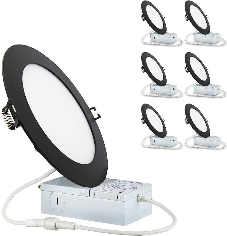 Photo 1 of POPANU 4-inch LED Recessed Slim Downlight Canless Ceilling Lights with Junction Box, IC Rated ETL 12W 1027lm Dimmable LED Panel Light (6 Pack, Black Finish (Cool White (4000k))
