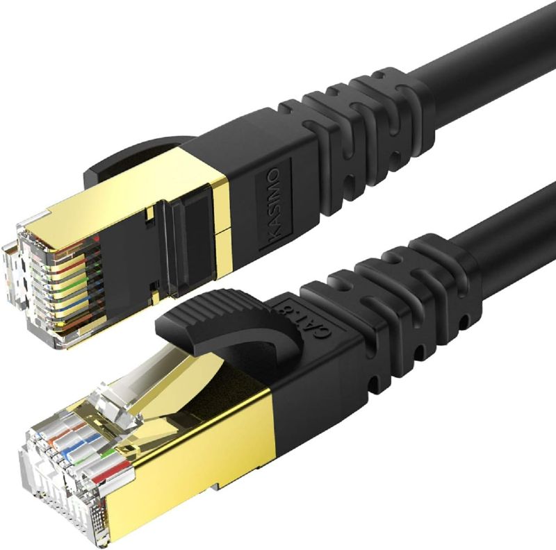 Photo 1 of KASIMO Cat 8 Ethernet Cable 40 FT, Cat8 Network LAN Cable High Speed 40Gbps with RJ45 Gold Plated Connector SFTP Shielded Cord, 26AWG Gaming Internet Cable for Router, Modem (Black, 40FT 1 Pack)
