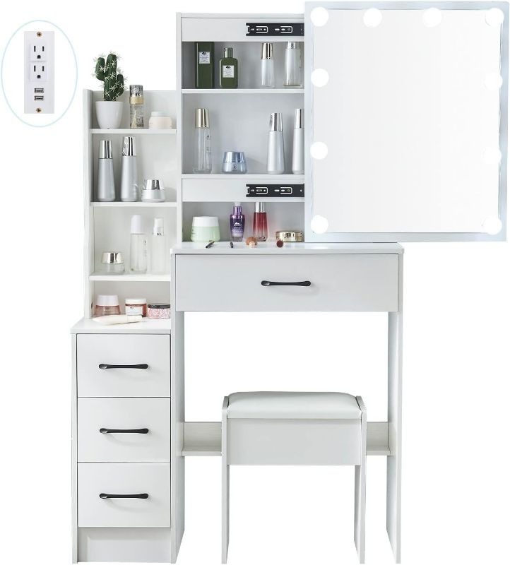 Photo 1 of Jarbalai White Dresser Vanity Set with LED Lighted Mirror, Modern Makeup Vanity Dressing Table with Charging Station, Vanity Table with 4 Drawers & Cushioned Stool for Bedroom
