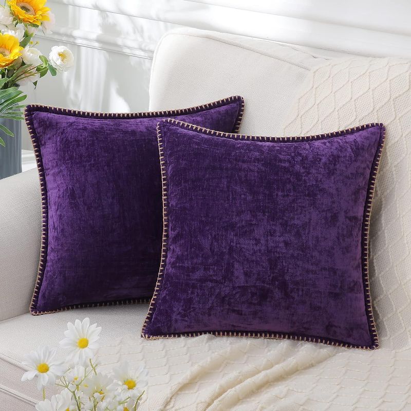 Photo 1 of decorUhome Chenille Soft Throw Pillow Covers 26x26 Set of 2, Farmhouse Velvet Pillow Covers, Decorative Square Pillow Covers with Stitched Edge for Couch Sofa Bed, Petunia
