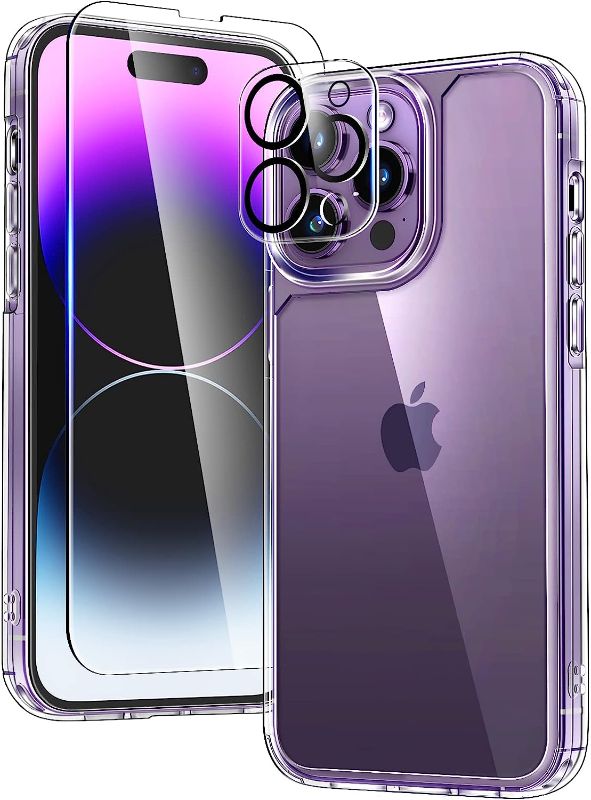 Photo 1 of TAURI for iPhone 14 Pro Max Case, [5 in 1] 1X Clear Case [Not-Yellowing] with 2X Tempered Glass Screen Protector + 2X Camera Lens Protector, [Military-Grade Drop Protection] Phone Case 6.7 Inch
