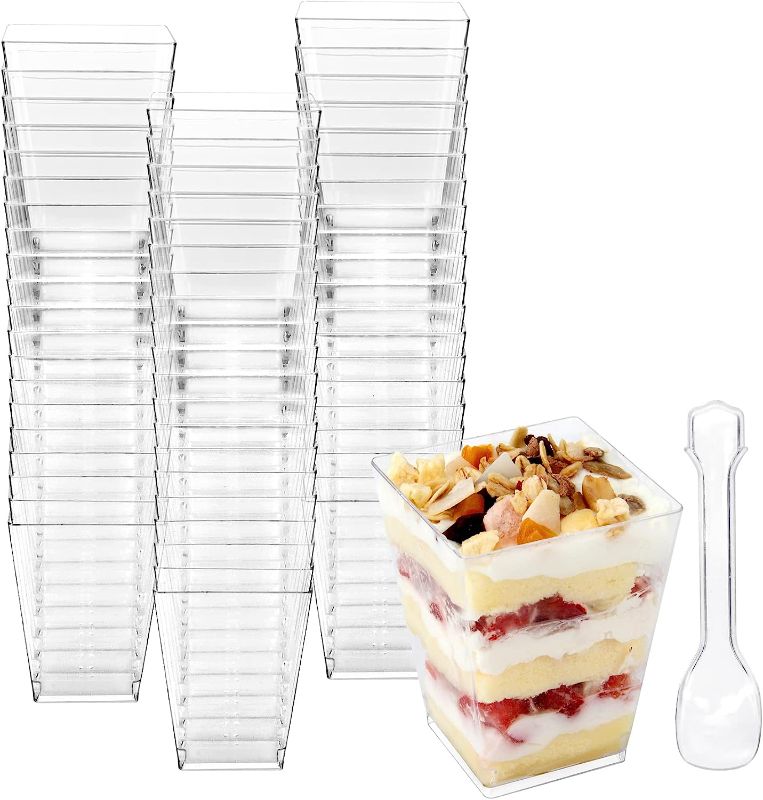 Photo 1 of Colovis Dessert Cups, 80Count 5oz Clear Plastic Parfait Appetizer Cups with Spoons Square Dessert Serving Cups for Parties, Events, Catering (80)
