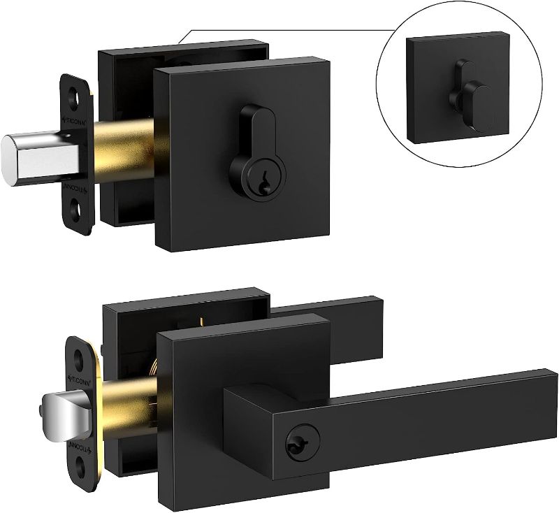 Photo 1 of TICONN Door Handle Heavy Duty, Reversible Square Door Lever for Bedroom, Bathroom and Rooms (Black, Deadbolt with Keyed Entry - Not keyed Alike)
