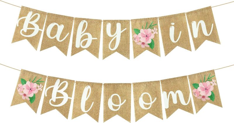 Photo 1 of 2Pcs Floral Baby in Bloom Baby Shower Burlap Banner Decoration , Wall Hanging Floral Baby in Bloom Banner Decor Different Pattern With Rope Baby Shower Hanging Banner Sign Decor Theme Party Indoor Decorations
