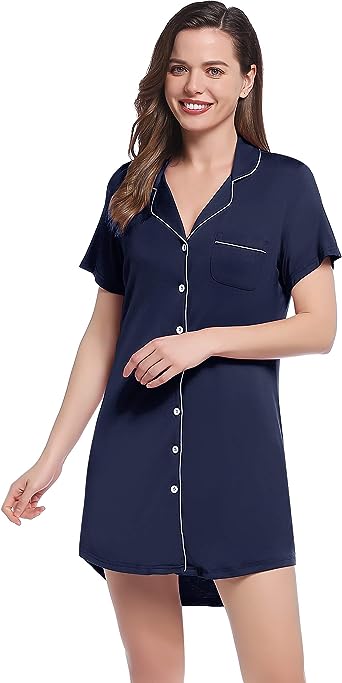 Photo 1 of Amorbella Womens Button Up Night Shirt Ultra Soft Sleepshirt Bamboo Pj Top Nightgown (Navy Blue, Medium)
