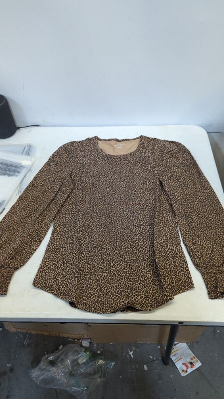 Photo 1 of Amazon Essentials Women's Long-Sleeve Crewneck Smocked Cuff T-Shirt Small Camel Cheetah