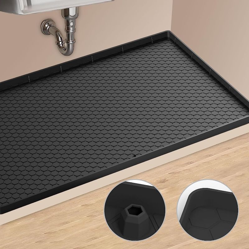 Photo 1 of Under Sink Mat, Under Sink Mats for Kitchen Waterproof, 34" x 22" Under Kitchen Sink Mat, Silicone Mats Under Sink Liner for Drips Leaks Spills, Kitchen Cabinet Tray and Protector - Black

