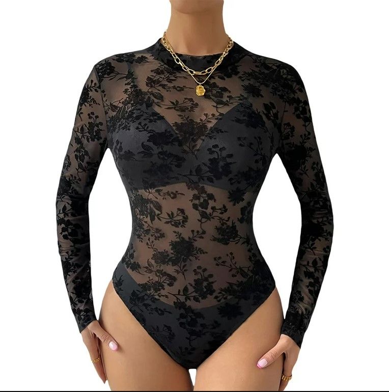 Photo 1 of xkwyshop Womens Sexy Floral Print Sheer Mesh Long Sleeve Jumpsuit Bodysuits Clubwear Black XL
