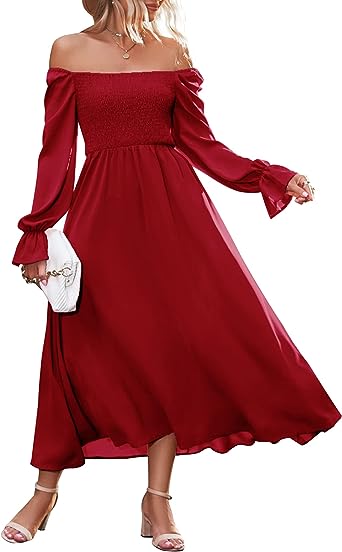 Photo 1 of ZAFUL Women's Square Neck Smocked Long Puff Sleeve Maxi Dress Casual Party (Dark Red, S)
