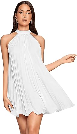 Photo 1 of SweatyRocks Women's Casual Sleeveless Tie Back Halter Dress Mini Swing Pleated A-line Loose Dress Size XS