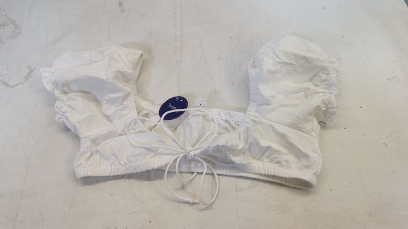 Photo 2 of SweatyRocks Women's Sexy Tie Front Crop Top Deep V Neck Puff Short Sleeve Casual Blouse Shirt Medium White