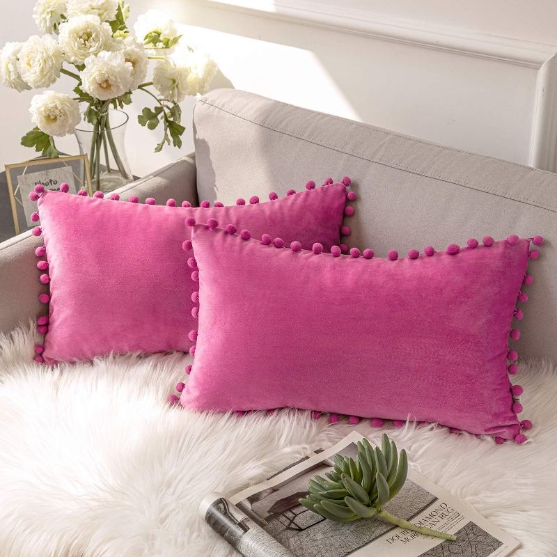 Photo 1 of Ashler Throw Pillow Cases with Soft Pom Poms Velvet Plush Vibrant Elegant Cushion Covers, Pack of 2, Pink 12 x 20 inches 30 x 50 cm
