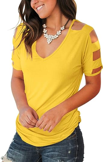 Photo 1 of Jescakoo Women's Short Sleeve Cut Out Cold Shoulder Tops Deep V Neck T Shirts Size Small
