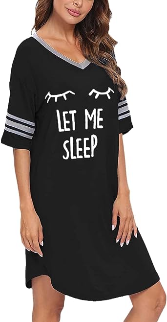 Photo 1 of Sleep Shirts for Women Short Sleeve Cotton Novelty Night Shirts V Neck Oversized Nightgowns Cute Printed Nightdress Size M