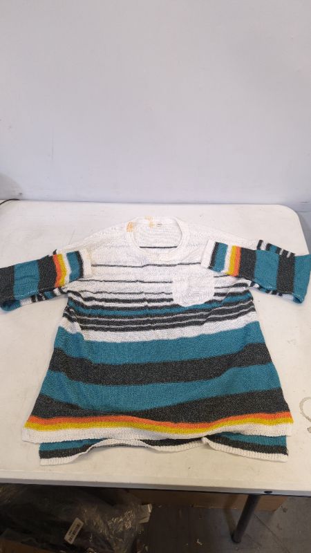 Photo 2 of Striped Drop Shoulder Knit Top with Breast Pocket Turquoise Size Medium