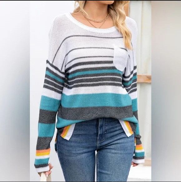 Photo 1 of Striped Drop Shoulder Knit Top with Breast Pocket Turquoise Size Medium