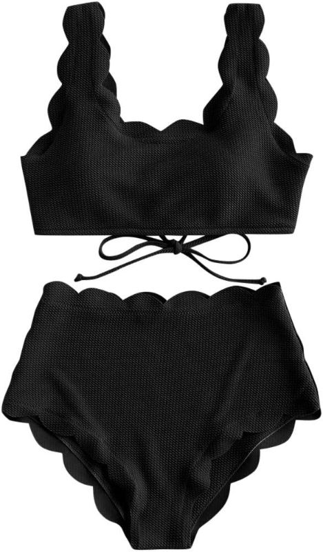 Photo 1 of Satiable Women 2 Piece Bikini Set High Waisted Tummy Control Swimsuits Lace Up Scallop Trim Bathing Suits Beach Swimwear
