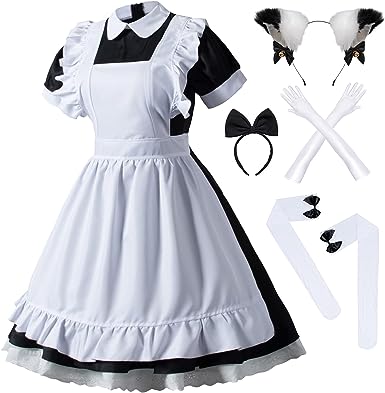 Photo 1 of Wannsee Japanese Anime 6Pcs Lolita French Maid Apron Fancy Dress Cosplay Costume Gloves Headwear Socks set
