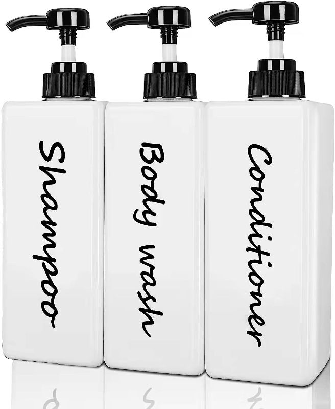 Photo 1 of Shampoo and Conditioner Dispenser (Set of 3, 27oz) Modern Refillable Shampoo Pump Bottles for Shower Soap - Empty Shampoo Conditioner Body Wash Dispenser Set - Stylish Permanent Labels - for Bathroom
